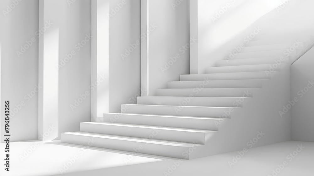Poster Elegant white stairs casting soft shadows in a minimalist architectural design space
