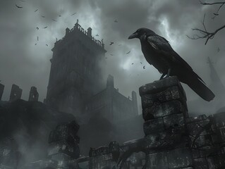 Fototapeta premium Raven Perched Atop Ancient Gothic Tower in Gloomy,Dramatic Landscape