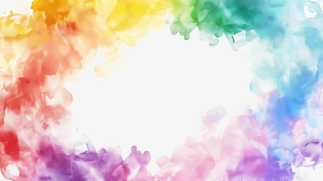 Abstract artistic background featuring a vibrant explosion of rainbow watercolor splashes, creating a colorful border with a white center perfect for text or other design elements