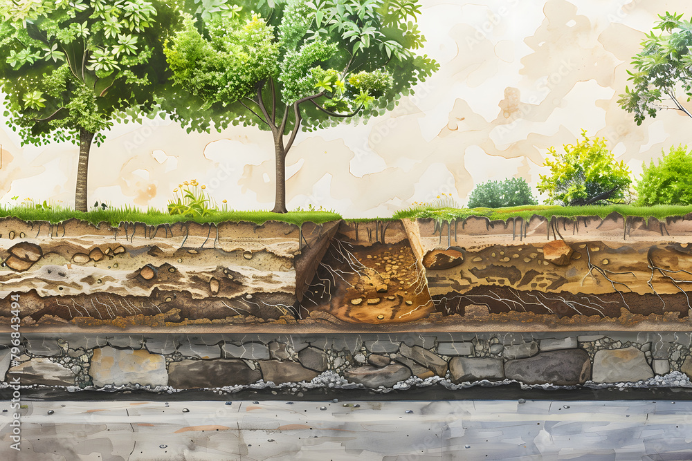 Wall mural cross-section of a street that prominently features a detailed the underground soil layers - Wall murals