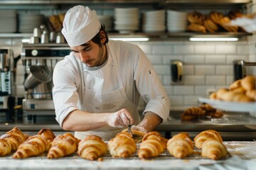 pastry chef making croissants at bakery or cafe kitchen with hands in gloves closeup