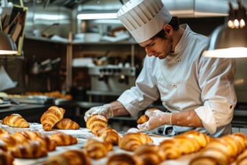 pastry chef making croissants at bakery or cafe kitchen with hands in gloves closeup