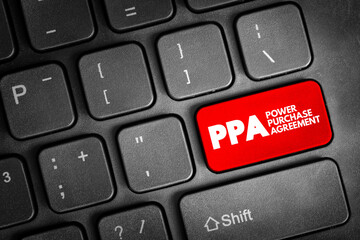 PPA - Power Purchase Agreement is a contract between two parties, one which generates electricity and one which is looking to purchase electricity, acronym text button on keyboard - 796843651
