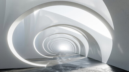 Bright and modern white corridor with a series of arches, evoking a futuristic design aesthetic