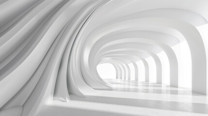 Abstract design of a minimalist white interior with elegant curved lines and corridors