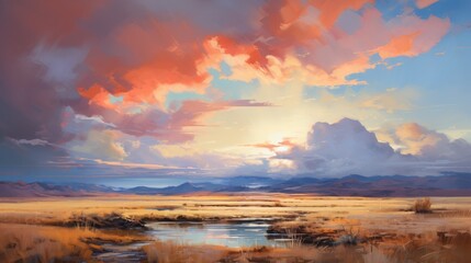 a graphics wilderness, large sky, abstract, rule of thirds, complimentary colors, skillful lighting, reverent and tranquil, tranquil, oil painting, AI Generative - obrazy, fototapety, plakaty