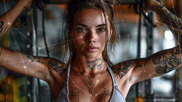Close up image of attractive fit woman in gym. Fitness woman in gym. Background with flying patterns. Generate AI.