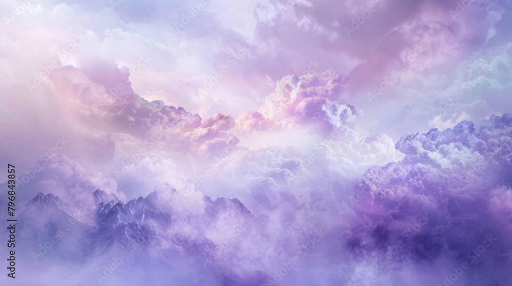 Poster serene scene with soft purple clouds enveloping rugged peaks at twilight