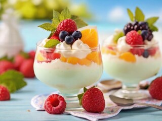 summer fruit dessert with cream in a glass goblet