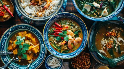 A close-up of a colorful spread of traditional Thai dishes, including green curry, mango sticky rice, and tom yum soup