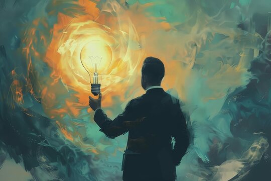 charismatic businessman holding virtual lightbulb symbolizing creative ideas and successful problemsolving digital painting