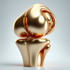 Golden human knee joint. 3D golden anatomical model surrounded by clouds on a white background.