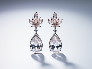 photograph featuring a pair of shimmering diamond earrings against a clean white backdrop, AI Generative