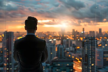 Fototapeta premium Businessman in office with city skyline in background: A perspective from behind. Concept Businessman, Office Setting, City Skyline, Perspective View, Rear View