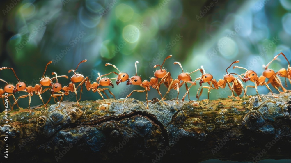 Poster A close-up of a line of ants marching in perfect formation along a tree branch, highlighting the organized behavior of insect colonies.