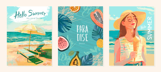Hello summer! Set of postcards with illustrations of beach, sea, girl with ice cream, tropical fruits. Simple gouache illustrations.