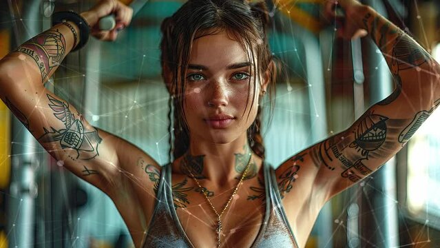 Close up image of attractive fit woman in gym. Fitness woman in gym. Background with flying patterns. Generate AI.
