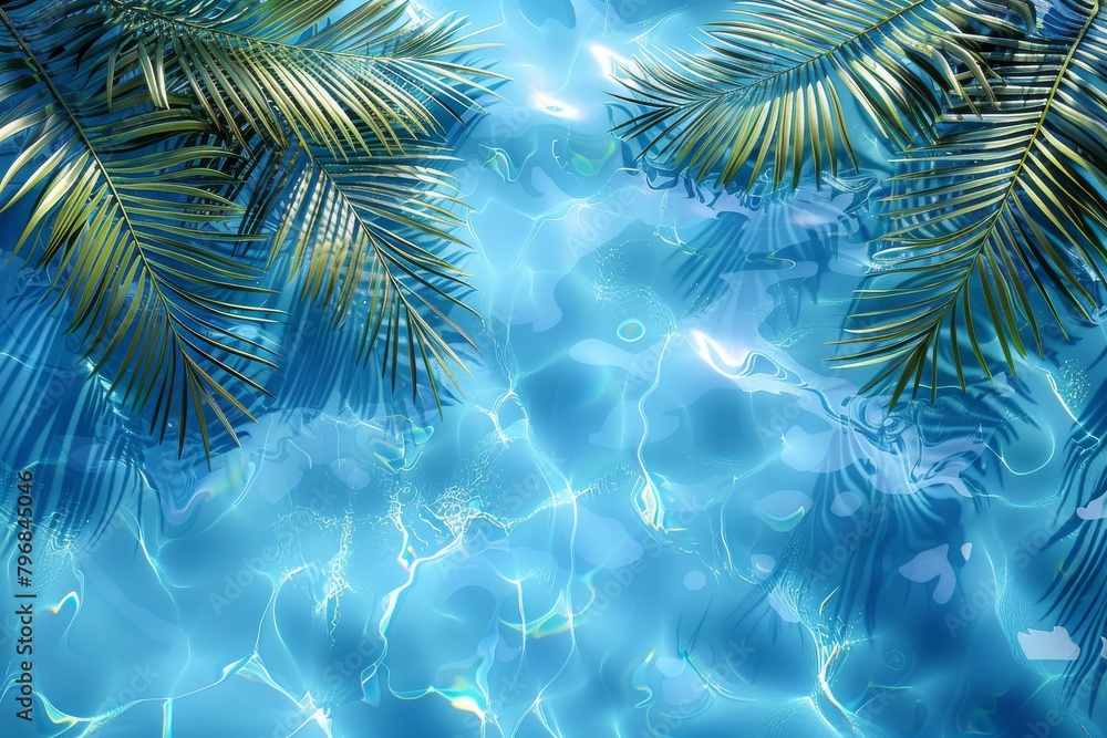 Poster mesmerizing underwater perspective of dappled sunlight filtering through palm leaves over a pool