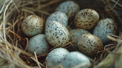 A close-up of a robin's nest filled with speckled eggs, showcasing the beginnings of new life in the avian world. - obrazy, fototapety, plakaty