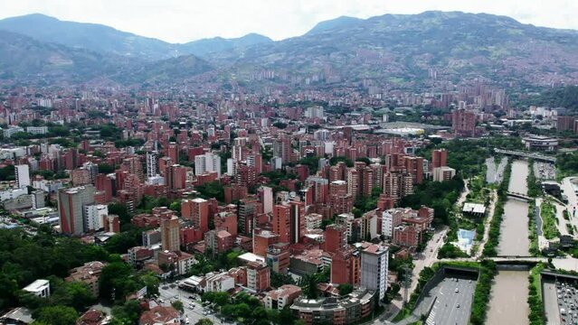 Top view of Buildings close to the Nutibara mountain and Medellin river.