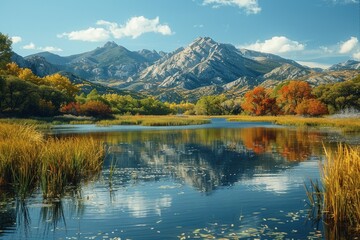 Fototapeta premium A serene landscape image showcasing the tranquil beauty of a mountain lake with mirrored reflections of vivid autumn colors and peaks