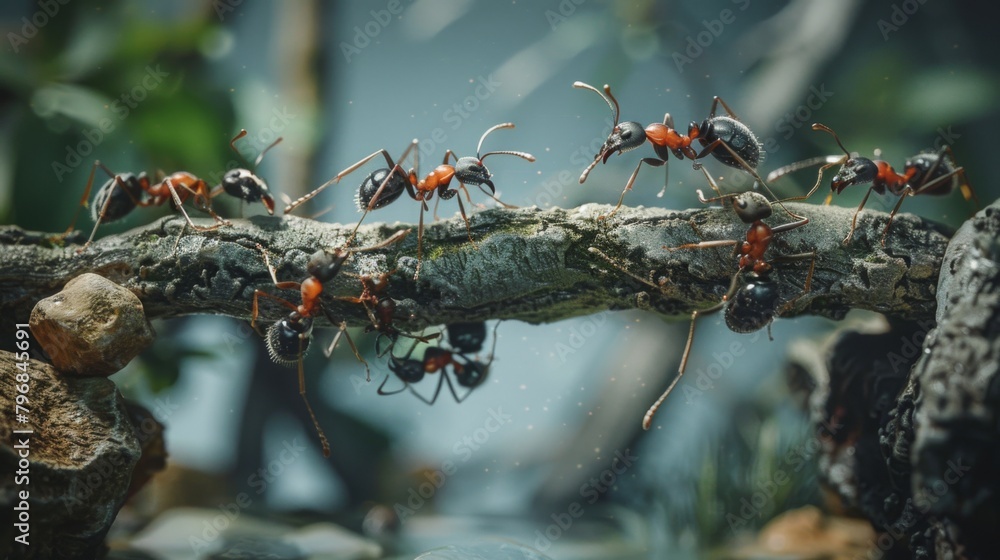 Aufkleber A close-up of ants working together to construct a makeshift bridge over an obstacle in their path, demonstrating ingenuity in problem-solving.