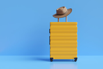 Brown fedora hat on a yellow luggage in reflective blue background. Illustration of the concept of travel, tourism, tourist destinations and vacation