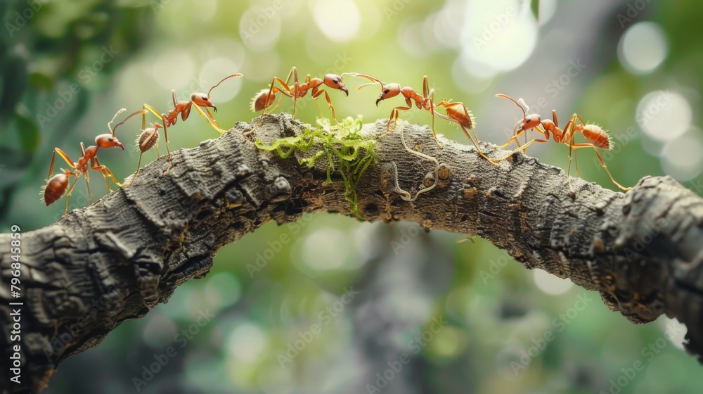 Poster A close-up of ants working together to construct a makeshift bridge over an obstacle in their path, demonstrating ingenuity in problem-solving.