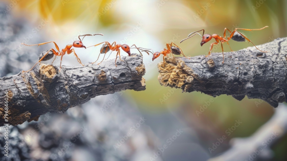 Poster A close-up of ants working together to construct a makeshift bridge over an obstacle in their path, demonstrating ingenuity in problem-solving.