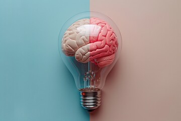Intellectual concept image showing a brain inside a lightbulb against a blue and pink split background