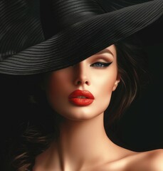 Elegant Woman in Black Hat with Glamorous Makeup