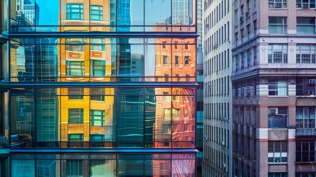 A close-up of glass facades reflecting surrounding buildings, showcasing architectural diversity in a city center