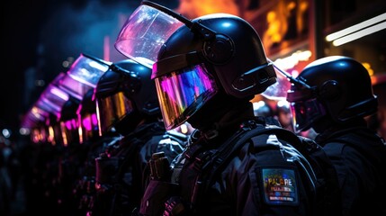 a photo riot police full of bright colors in the style of terror wave, AI Generative - obrazy, fototapety, plakaty