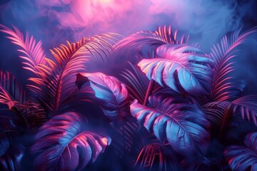 Tropical foliage scene bathed in ultraviolet light, creating an otherworldly look with deep purples and pinks