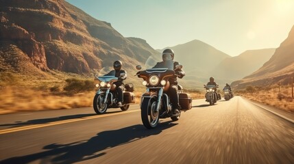 Group of cruiser-chopper motorcycle riders on the road. Outdoor photography. Travel and sport,...