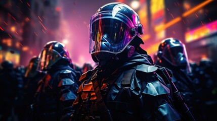a image riot police full of bright colors in the style of terror wave, AI Generative - obrazy, fototapety, plakaty