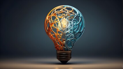 A lightbulb encircled by symbols relating to artificial intelligence, A stylized lightbulb with complex filaments represents unique and creative ideas, illustrating the idea of intellectual prowess 