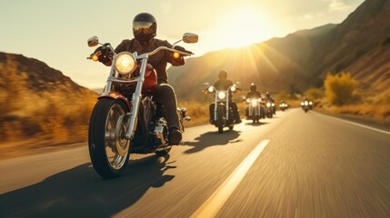Group of cruiser-chopper motorcycle riders on the road. Outdoor photography. Travel and sport, speed and freedom concept.