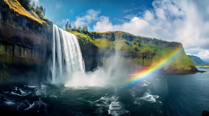 Beautiful rainbow over mountain waterfall with forest and river below