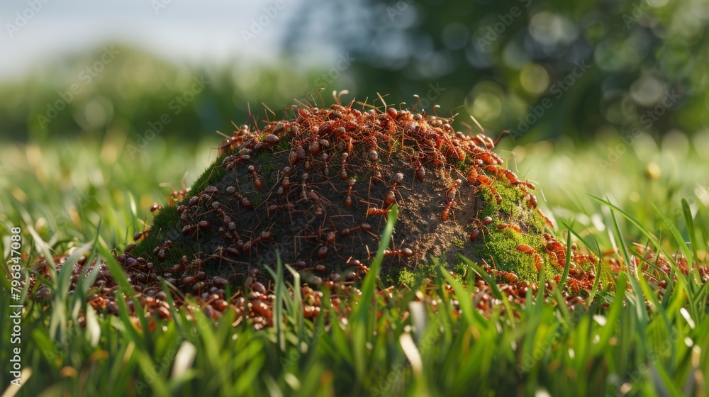 Poster A colony of fire ants constructing an intricate mound in a grassy field, showcasing the engineering prowess of these industrious insects.