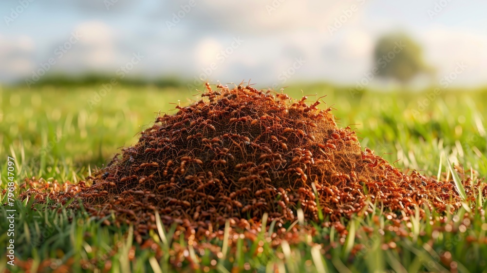 Poster a colony of fire ants constructing an intricate mound in a grassy field, showcasing the engineering 
