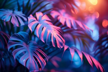 Lush monstera leaves bathed in soft light with an enchanting bokeh effect for a dreamlike tropical vibe