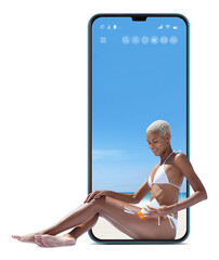 woman on the hot summer beach applying sunscreen to buttocks for skin care and protection. Isolated against screen of smartphone in white background. Image for online shopping or summer travel holiday