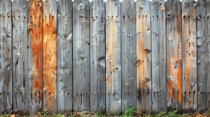 A wooden fence with grass growing near it in the countryside