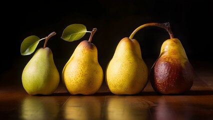 a row of four pears with varying degrees of ripeness on a wooden surface against a dark background.