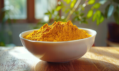 Sunlit bowl of vibrant yellow turmeric powder on a wood table, by a window with greenery outside. Generate AI