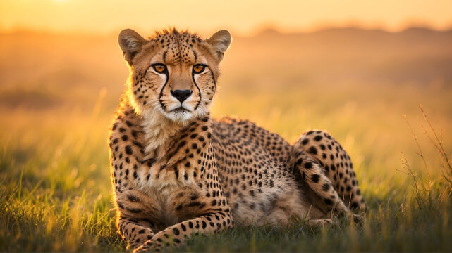 Portrait of cheetah sitting on grass field at sunset 