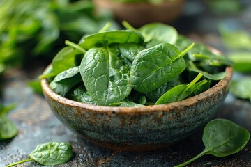 Vibrant fresh spinach leaves with detailed textures in a rustic bowl on a dark surface, portraying healthy eating and vegetarian food
