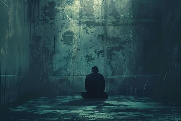 dystopian illustration of a depressed man alone in a dark room conveying isolation and melancholy concept art
