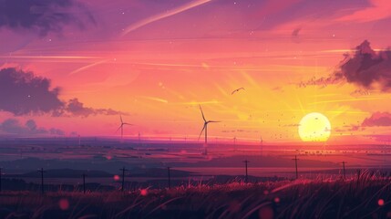 A colorful sunset over a rural landscape dotted with wind farms, highlighting the integration of renewable energy into existing power grids.
